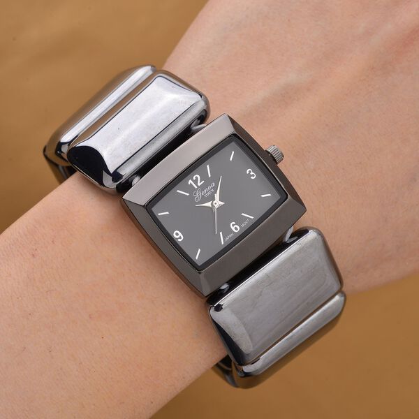 GENOA Terahertz Armbanduhr - Japanisches Uhrwerk, Legierungsgehäuse, Stahlplattierung, Weißes Zifferblatt, 9 Terahertz-Steine im Elastikarmband, Wasserresistent, 30x27,8?mm, Schwarz, ca. 430?ct image number 1