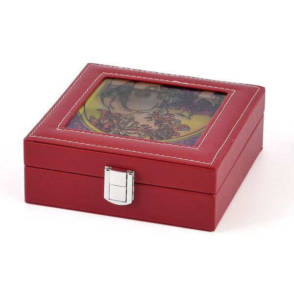 "PU with Suncatcher glass window Ring box,  Size:15.5x15.5x5.5cm, center glass size:11.5cmD, Material: PU+Glass Weight: about 297g. Color: Wine Red" image number 2