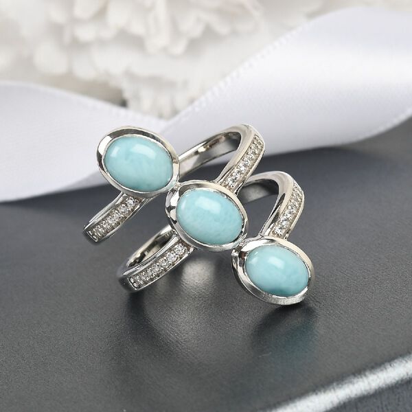 Larimar und Zirkon 3 Stein Ring 925 Silber Platin-Überzug image number 2