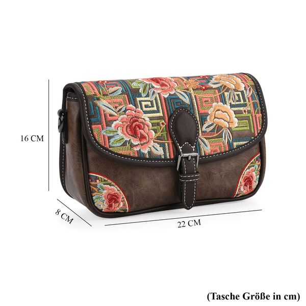 "PU Embroidered crossbody bag Color:Brown Size:22*8*16 cm   Wall: PU Lining: Polyester Exterior:zipped-2.pocket-1 Interior: zipped-1,slid-1" image number 7