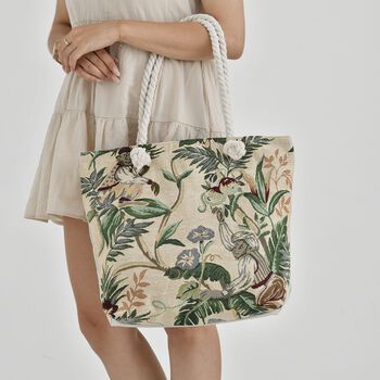 Jacquardgewebte Tasche aus Jute mit Futter, Rei&szlig;verschluss und verstellbarer Kordel Riemen, 42x37x34 cm, Affenmuster