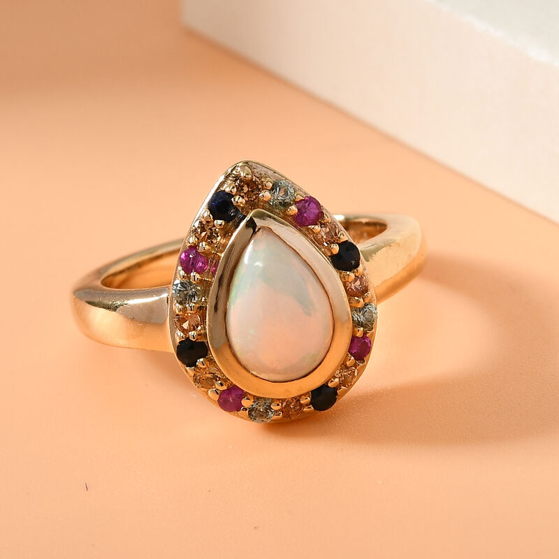 Natürlicher Äthiopischer Opal und Mehrfarbig Saphir Ring 925 Silber vergoldet  ca. 1,37 ct image number 0