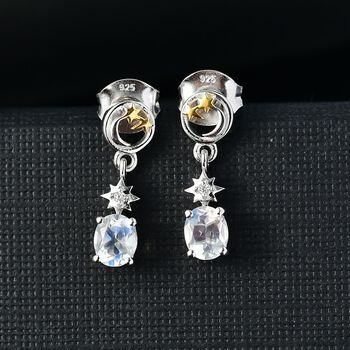 D joy AAA Premium Malagasy Mondstein, Wei&szlig;er Zirkon Celestial Echoes Ohrringe 925 Silber Zweifarbige Beschichtung ca. 0.76 ct
