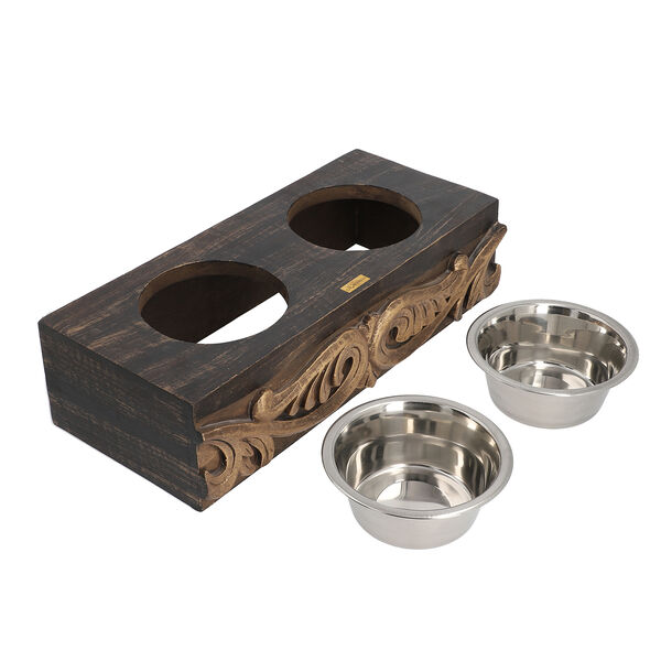 NAKKASHI - Handgeschnitzter Mangoholz Fressnapf mit Edelstahlschalen, 48x20x12,5 cm, Blumen image number 6