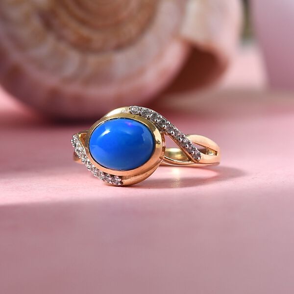 Miami Blau Welo Opal und Zirkon Ring 925 Silber 585 Gelb Vergoldet image number 2