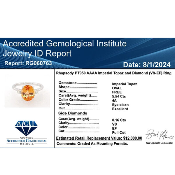 RHAPSODY zertifiziert und geprüft AAAA kaiserlicher Topas und VS-EF Diamant Ring in 950 Platin - 5,70 ct. image number 6