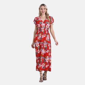 Gesmokter Maxikleid mit Volantärmeln, Beige mit Blumenmuster, Einheitsgröße, Rot