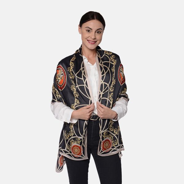 LA MAREY: Bedruckter Schal aus 100% Maulbeerseide, inkl. Geschenkbox, Schwarz-Gold-Terracotta&nbsp; image number 0