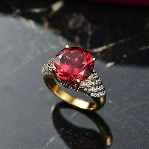 D’joy Lab Created Padparadscha-Saphir, Weißer Zirkon Ring 925 Silber 750 Gelbgold Vermeil (Größe 17.00) ca. 9,31 ct image number 1