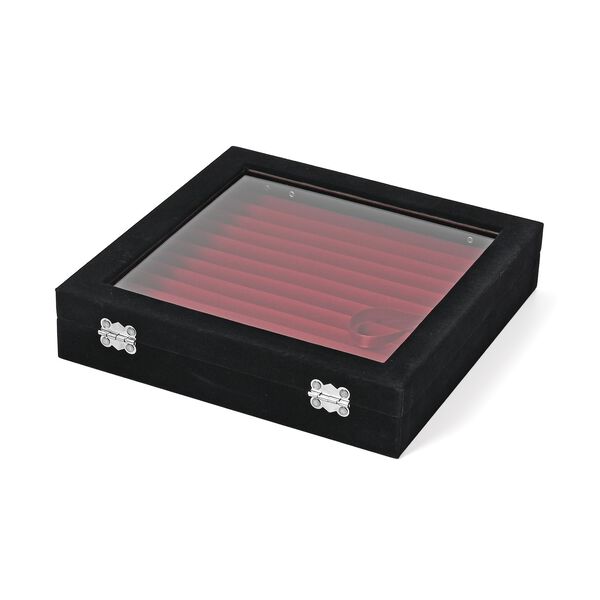 Quadratische Ringbox aus Samt mit Glasfenster und 10 Silberputztüchern, 24x24x5 cm, Schwarz image number 3