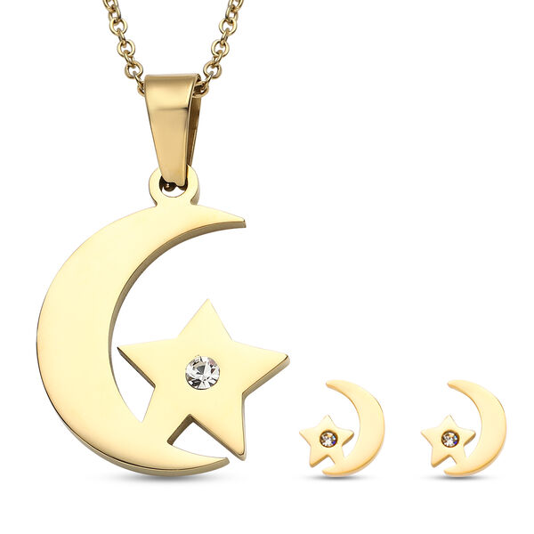 2er - Set wei&szlig;e Kristall-Ohrringe und Halskette, ca. 50 cm, Edelstahl IP-Gold