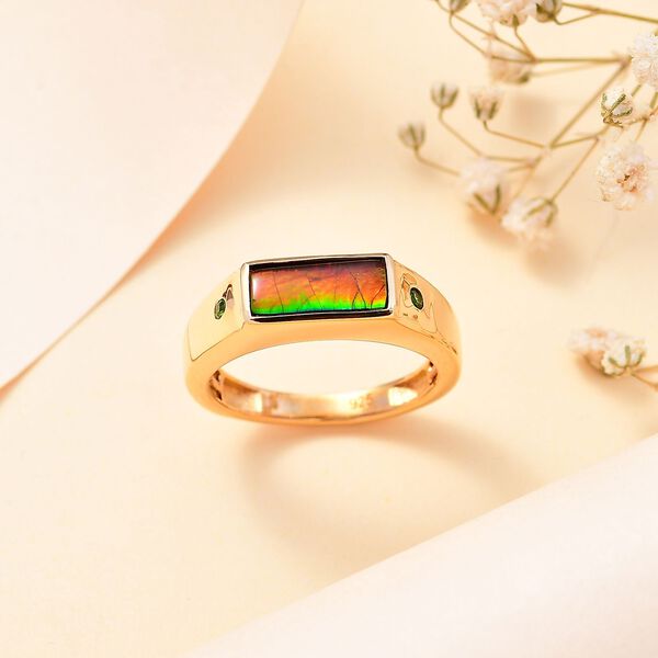 Ammolit, Nat&uuml;rlicher Chromdiopsid Baguetteschliff Ring, 925 Silber, 750 Gelbgold Vermeil (Gr&ouml;&szlig;e 20.00) ca. 1.11 ct image number 2