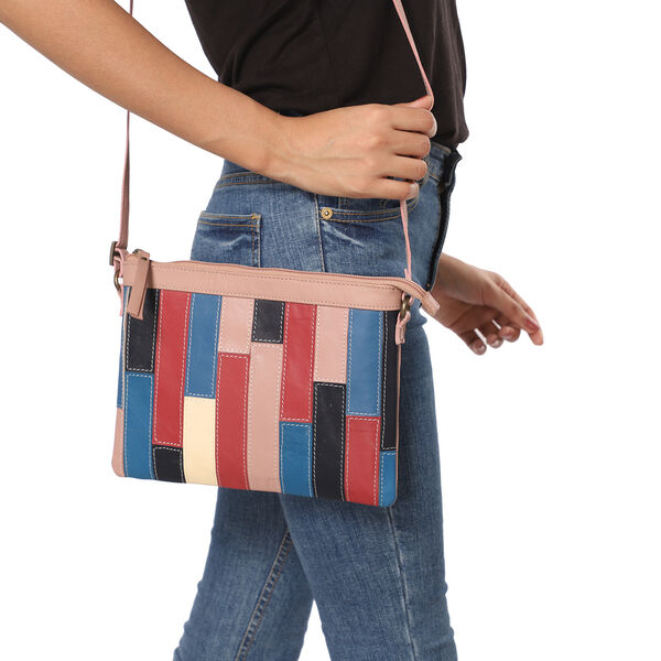 100% echte Leder Patchwork Umhängetasche, Rosa image number 3