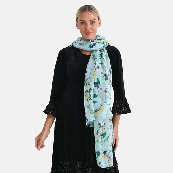  LA MAREY signature 100% silk scarf110*195cmweight:40gcolor:light blue with Bird patternMaterial:100% Mulberry silk image number 3