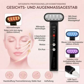 BEAUTECH Gesichts und Augenmassageger&auml;t, 360 Grad Kopf, EMS Technologie, 8,2x3,2x2,3 cm, Schwarz