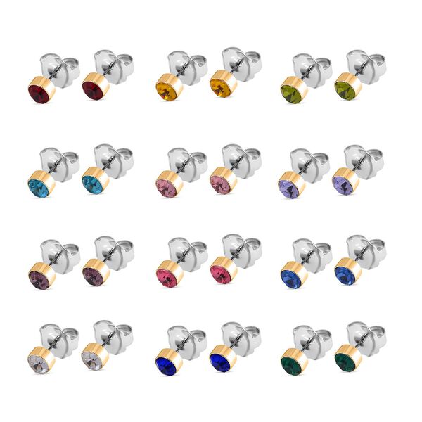 12er-Set- Austauschbare mehrfarbige Kristall-Ohrstecker in Goldton image number 2