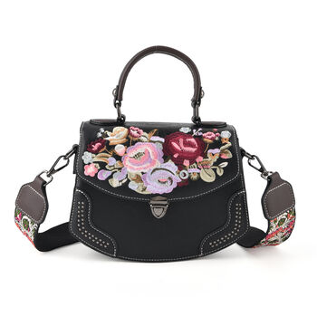 Kompakte Kunstprint Crossbody Tasche mit floralem Design, 23x9x17cm, Schwarz