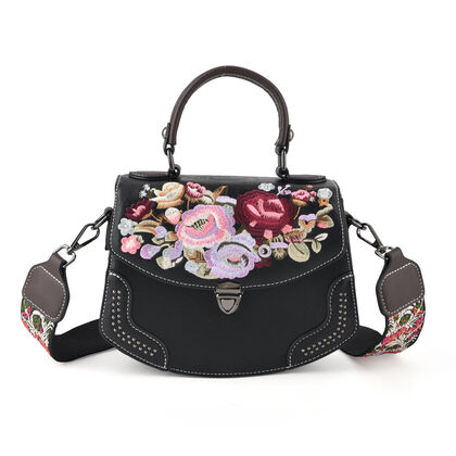 Kompakte Kunstprint Crossbody-Tasche mit floralem Design, 23 x 9 x 17 cm, Schwarz