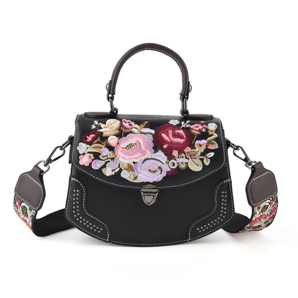 Kompakte Kunstprint Crossbody-Tasche mit floralem Design, 23 x 9 x 17 cm, Schwarz