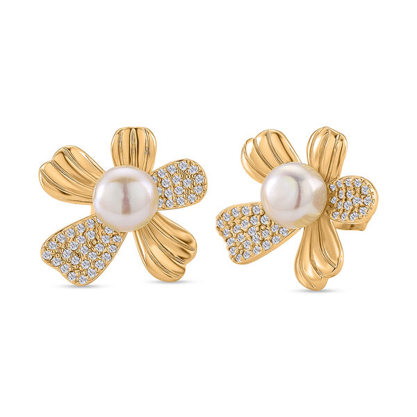 Weiße Süßwasser Perle, Weißer Zirkonia Ohrringe Nickelfreies Messing Standard 5.00 ct image number 0