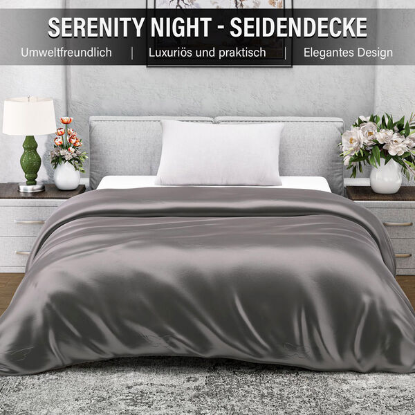 Serenity Night - 100% Maulbeerseide Sommerseidendecke mit Seidenf&uuml;llung Daunenkissen und Seidenkissenbezug Grau image number 11