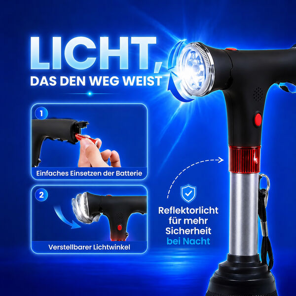 LIVMORE Smart Gehstock, klappbar, 85-97cm, LED Licht, SOS Alarm, Grau image number 4
