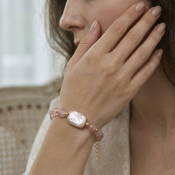 Kirsche Quarz, Wei&szlig;e Keshi Perle Armband, ca. 18cm mit 5cm extender, Reine Legierung goldfarben image number 3