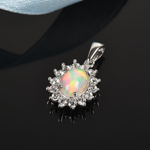 Nat&uuml;rlicher &Auml;thiopischer Opal und Zirkon Halo Anh&auml;nger 925 Silber Platin-&Uuml;berzug ca. 1,40 ct image number 3