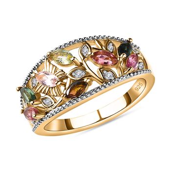 Mehrfarbiger Turmalin, Wei&szlig;er Zirkon Ring, 925 Silber Gelbgold Vermeil, (Gr&ouml;&szlig;e 18.00) ca. 1.06 ct