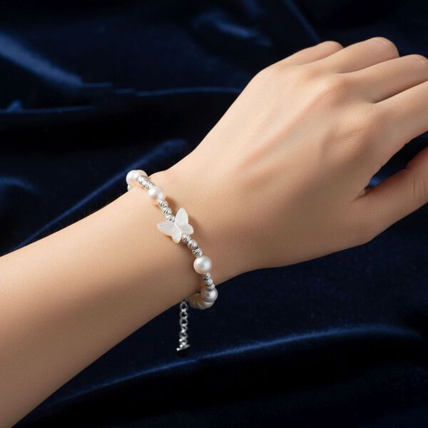 Wei&szlig;e Muschelkernperle, Wei&szlig;e S&uuml;&szlig;wasser Perle Armband ca. 15.25 cm + 3.5 cm Extender, Nickelfreies Messing Silberfarben image number 3