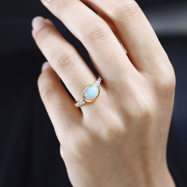 Natürlicher, äthiopischer Welo Opal und Zirkon-Ring, 925 Silber vergoldet - 1,46 ct. image number 3