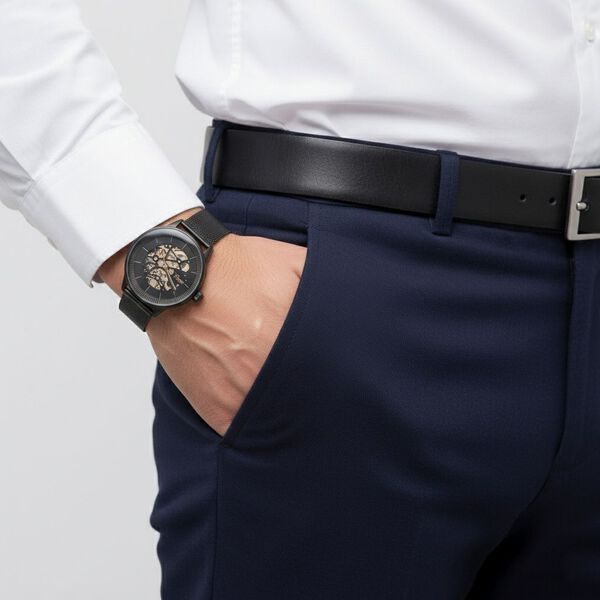 GENOA Automatik Mechanische Uhr mit Schwarzem Sonnenschein-Hohlzifferblatt und Modernem Minimalistischem Runddesign image number 2