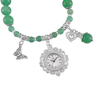 STRADA - Japanisches Uhrwerk, Gr&uuml;ner Aventurin, Wei&szlig;er Kristall Flexible Uhr 18.5 cm 316L Edelstahl ca. 25.30 ct