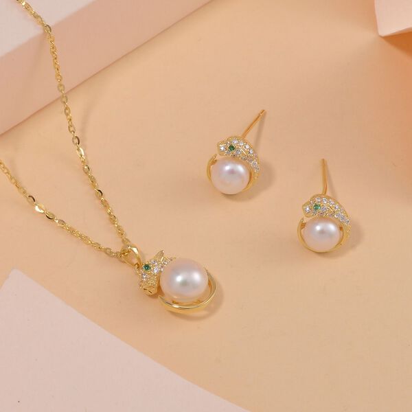 Wei&szlig;es S&uuml;&szlig;wasserperlen, gr&uuml;nes und wei&szlig;es Zirkonia-Schmuckset - 0,36 ct. image number 2