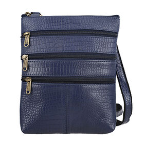 Echtleder Crossbody Tasche mit Kroko Prägung, Multi-Fächer, 20 x 24 cm, Marineblau