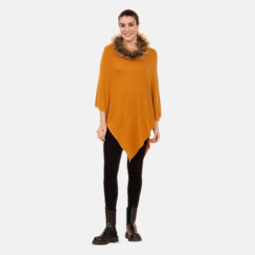 LA MAREY - Kaschmir Poncho mit Kunstfell Bordüre, Senfgelb image number 0