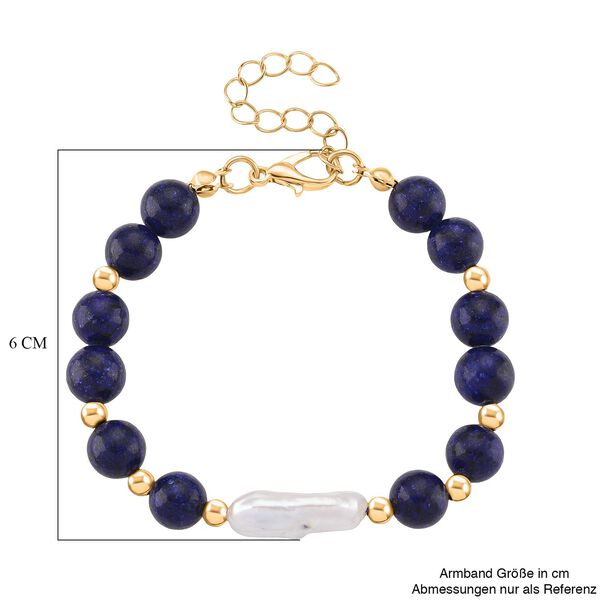 Lapislazuli, Weiße Keshi Perle Armband, ca. 18cm mit 5cm extender, Reine Legierung goldfarben image number 6