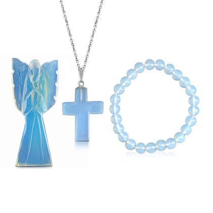 3er-Set aus Opalith: Schutzengel (7.6 cm), Armband mit 8 mm Perlen und Kreuzanh&auml;nger (2.5 cm), handgefertigt, Blau-Schimmernd