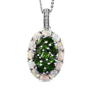 Nat&uuml;rlicher Chromdiopsid und Opal-Anh&auml;nger mit Kette, 925 Silber platiniert ca. 3.40 ct