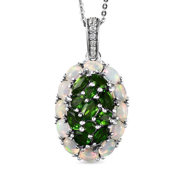 Nat&uuml;rlicher Chromdiopsid und Opal-Anh&auml;nger mit Kette, 925 Silber platiniert ca. 3.40 ct