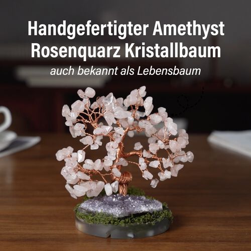Handgefertigter Amethyst-Lebensbaum aus Heilsteinen, Glücksbaum mit Kupferdraht und Naturkristallen, ca. 12x12cm