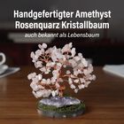 Handgefertigter Lebensbaum aus Amethyst-Rosenquarz-Heilsteinen, Glücksbaum mit Naturkristallen und Kupferdraht, ca. 12 x 12 cm
