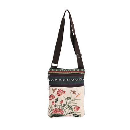 Crossbody-Tasche mit Lotusmotiv, Polyester, 3 Rei&szlig;verschlussf&auml;cher, verstellbarer Schultergurt (ca. 120 cm), 21x28 cm, Mehrfarbig