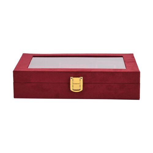 Samt Schmuckbox mit 5 Silberputztüchern, 8 Ringfächer, 8 kleine Fächer, herausnehmbares Kettentablett, Sichtfenster, Metallschloss, 20x15x5?cm, Bordeaux image number 1