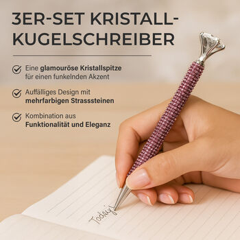 3er-Set Kugelschreiber mit Strassbesatz und Diamantspitze, inkl. 3 blauer Ersatzminen, 15cm,, Mehrfarbig