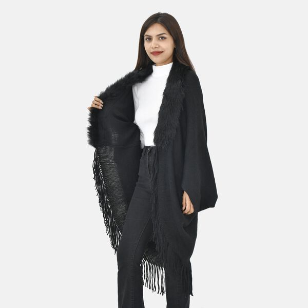 LA MAREY - luxuriöser Kunstpelz-Kimono mit Fransen, 114x109cm, schwarz image number 4