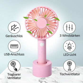 Wiederaufladbarer tragbarer Mini - Ventilator, 3 Gebl&auml;sestufen, inkl. 1200 mAh Batterie, Rosa