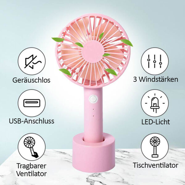Tragbarer Mini-Ventilator mit 3 Geschwindigkeitsstufen, inklusive Batterie, Rosa