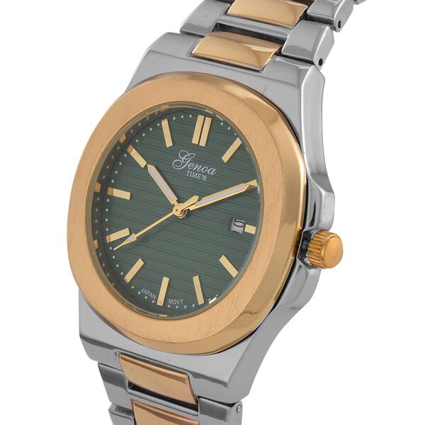 Genoa Time V2 - PC32 Japanisches Uhrwerk, Datumsanzeige, Gehäuse mit PNP-Stahl- und Goldplattierung, grünes Zifferblatt mit hydraulischem Design, Edelstahlarmband, bicolor image number 3