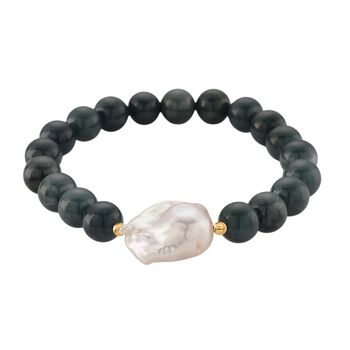 EXTREM SELTEN - Nat&uuml;rlicher Olmek Jadeit, S&uuml;&szlig;wasser Barockperle Armband, Flexibles, 925 Silber vergoldet